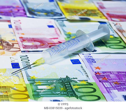 Bills, Euro, value, different,  Shot, symbol, 'Finanzspritze',    Money, bills, Euro bills, Euro appearances, one-way shot, concept, statutory health insurance