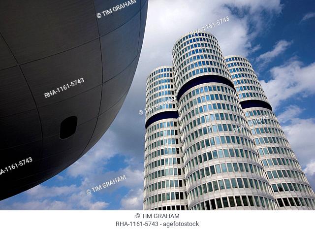 Modern architecture at the BMW Headquarters office blocks and Museum in Munich, Bavaria, Germany