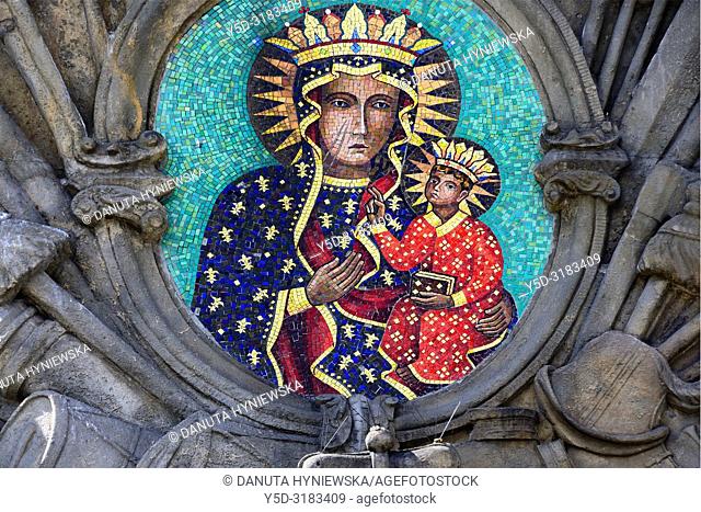 Black Madonna in ceramics - detail of Lubomirski Gate - main entrance to Basilica and Monastery, Jasna Gora - most famous Polish pilgrimage site