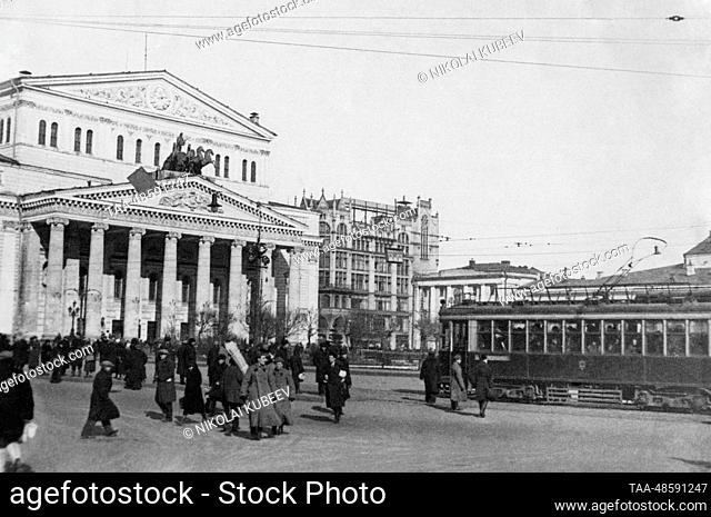 1930-1937. Moscow, USSR. The view shows the building of the State Academic Bolshoi Theatre of the USSR (front) in Sverdlov Square