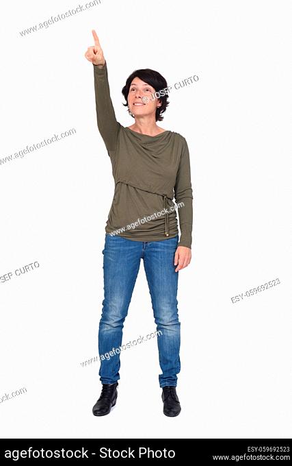 woman pointig up on white background