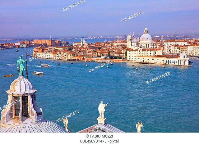 High angle view of Giudecca canal with cityscape from San Giorgio Maggiore church tower , Venice, Veneto, Italy