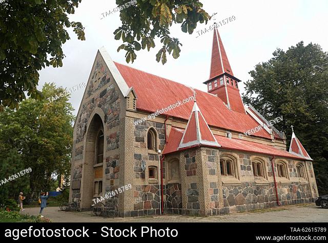 RUSSIA, KALININGRAD REGION - SEPTEMBER 24, 2023: A view of the Cathedral of the Kazan Icon of the Mother of God in the village of Yantarny