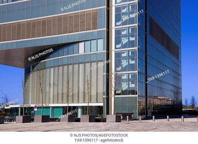 Entrance of Espacio Tower building, located in Cuatro Torres Business Area of Madrid, Comunidad de Madrid, Spain, Europe
