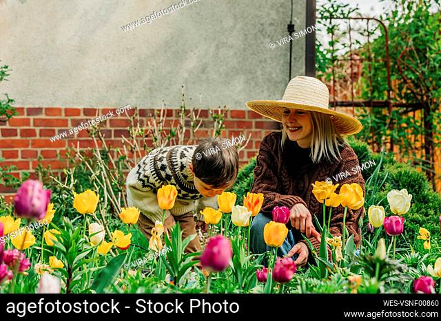 Mother and son spending leisure time amidst tulips in garden