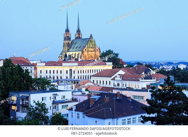 Brno overview with illuminated cathedral. Czech Republic