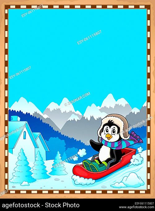 Penguin on bobsleigh theme parchment 1 - picture illustration