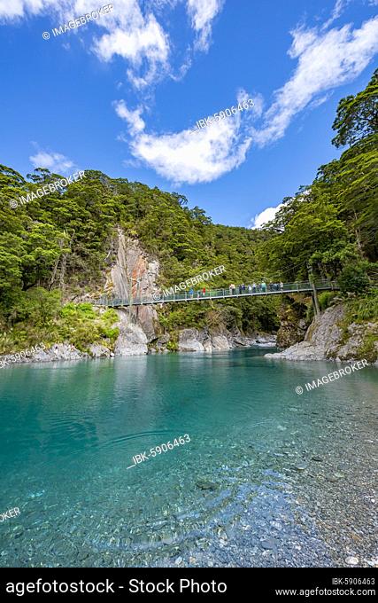 Bridge at the Blue Pools rock pools, Makarora River, turquoise crystal clear water, Haast Pass, West Coast, South Island, New Zealand, Oceania