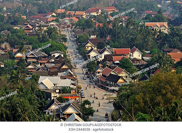 overview of Luang Prabang to Southeast from Phu Si hill, northern Laos, Southeast Asia