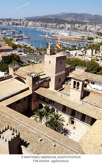 Almudaina royal palace seen from the rooftop of the cathedral. Palma de Mallorca. Majorca, Balearic Islands. Spain