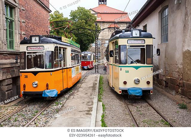 Vintage trolleys / streetcars / tram cars in Naumburg (Saale), Saxony-Anhalt, Germany