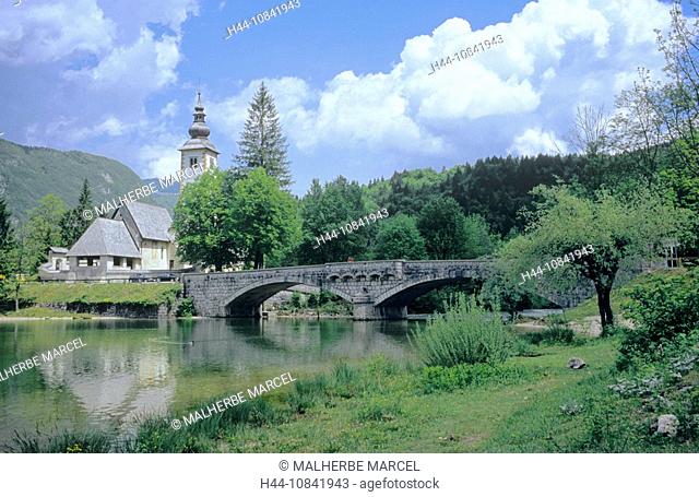 Slovenia, Bohinj village, bridge, Sveti Janez church, Saint John the Baptist church, Ribcev Laz district, Sava Bohinjs