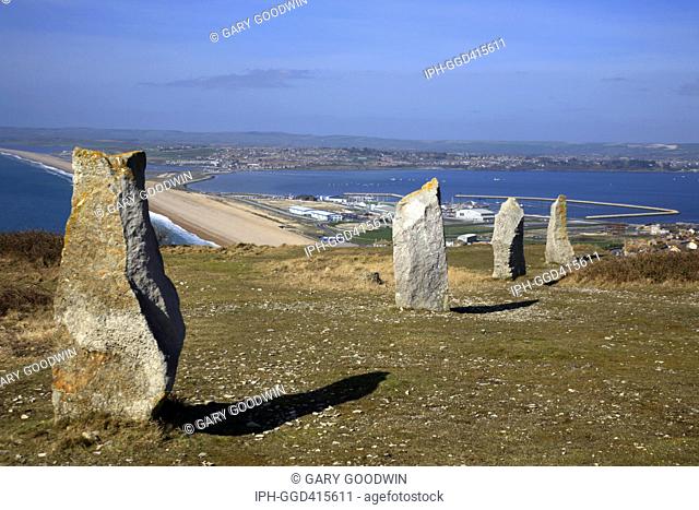 Modern henge on the Isle of Portland with views overlooking Chesiil Beach and Portland Harbour