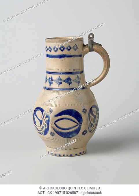Jug with floral ornamentation in medallions, Stoneware jug on a stand ring with a hexagonal belly and wide neck. The C-shaped ear is attached to the neck and...