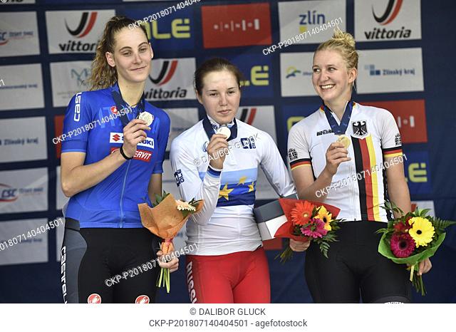 Winners of an European Championships in road cycling, U-23, women, mass start, juniors, L-R Vittoria Guazzini (Italy), Aigul Gareeva (Russia) and Hannah Ludwig...