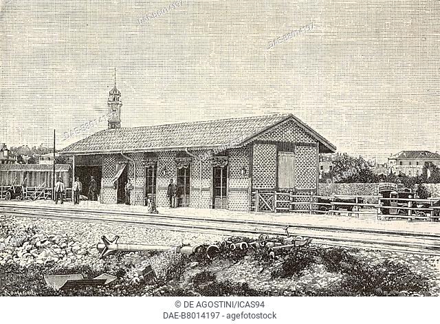 Varese railway station, Italy, engraving by Romagnoli from a photograph by Fidanza, from L'Illustrazione Italiana, year 12, no 45, November 8, 1885