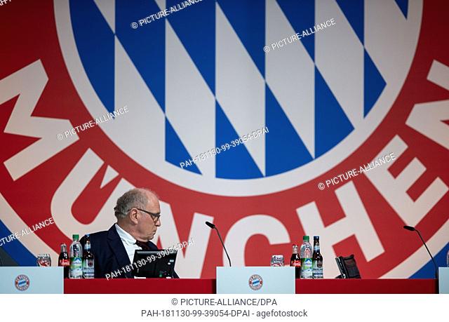 30 November 2018, Bavaria, München: Soccer: Bundesliga, FC Bayern Munich Annual General Meeting in the Audi Dome. Uli Hoeneß, president of FC Bayern