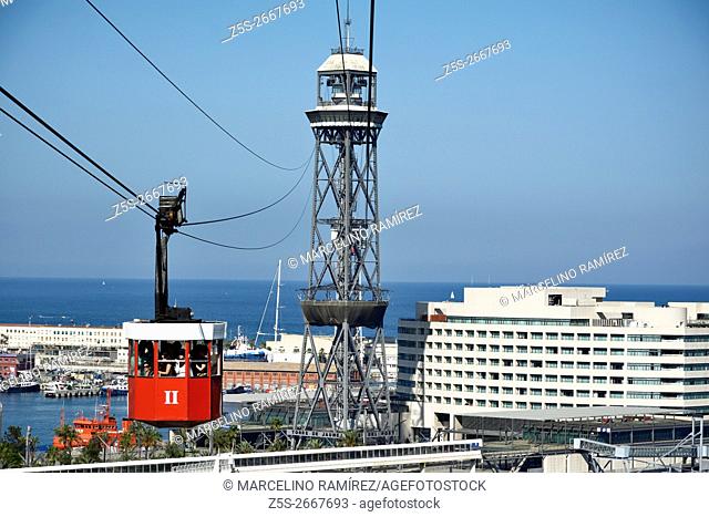 Red cabin of cableway, Barcelona, Catalonia, Spain, Europe