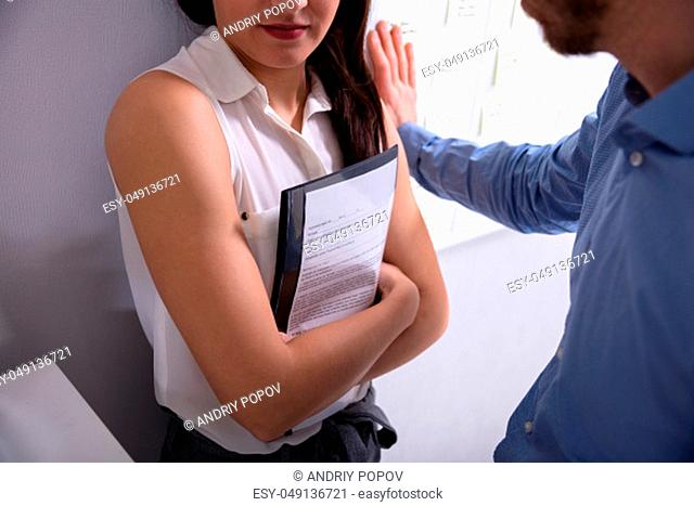 Close-up Of A Man Trying To Harassed The Businesswoman Holding Document