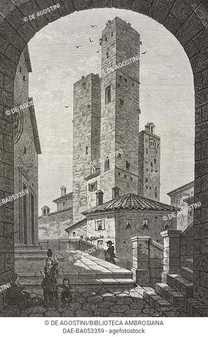 Tower of the Ardinghelli Palace, San Gimignano, Tuscany, Italy, drawing by Charles Doussault (1818-1880), from Tuscany and Umbria, 1875