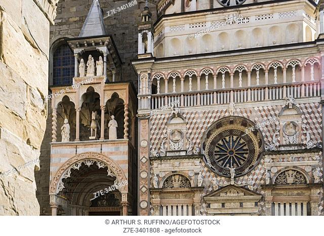 Northern portal of Basilica of Santa Maria Maggiore and Colleoni Chapel (Cappella Colleoni). Piazza del Duomo (Cathedral Square), Bergamo, Lombardy, Italy