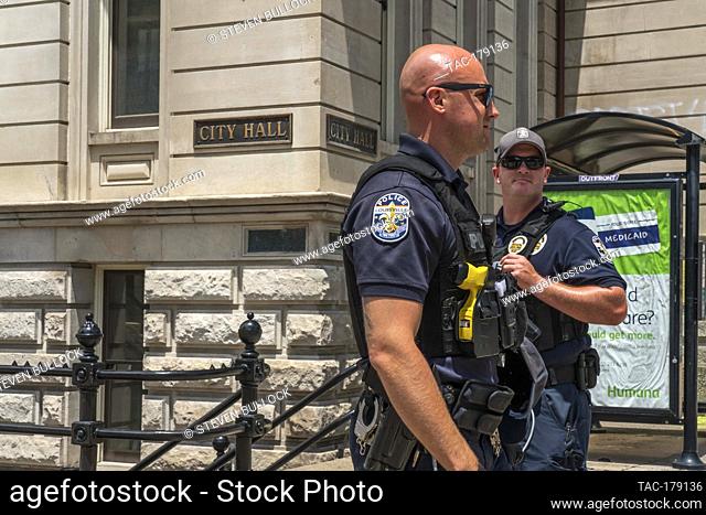 Police Officer's at City Hall on 6th and Jefferson Streets at the area of Friday night’s rioting on May 30, 2020 in Louisville, Kentucky