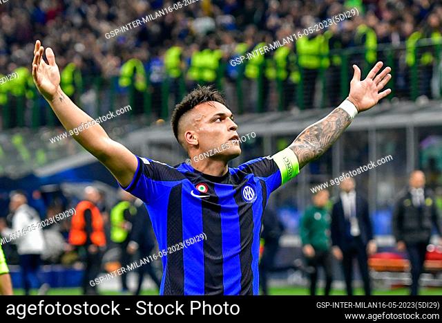 Milano, Italy. 16th, May 2023. Lautaro Martinez (10) of Inter scores for 1-0 during the UEFA Champions League match between Inter and AC Milan at Giuseppe...