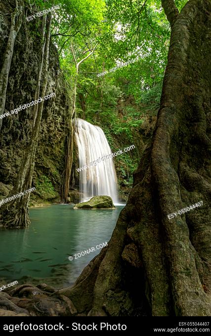Clean green emerald water from the waterfall Surrounded by small trees - large trees, green colour, Erawan waterfall, Kanchanaburi province, Thailand