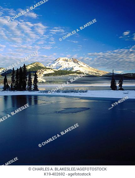Sunrise on South Sister from Sparks Lake after fall snowstorm. Deschutes National Forest, Deschutes County. Central Oregon. USA