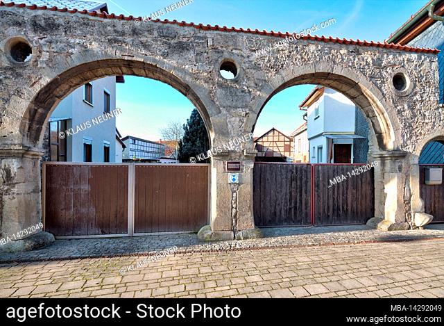 Stone archway, seat brackets, Lehnshof, monument, driveway, house facade, winter, Einhausen, Thuringia, Germany, Europe