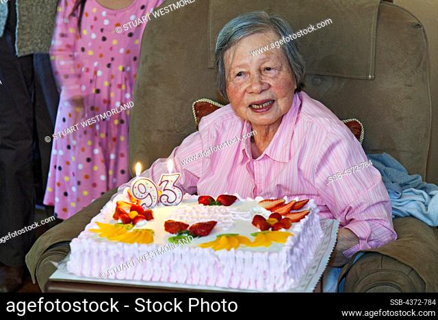Ninety-three year old woman celebrating her birthday