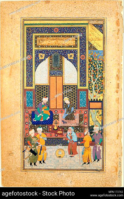 Interior Reception, Folio 36r from a Bustan of Sa`di. Artist: Painted by Shaikh Zada; Author: Sa'di (1213/19-92); Object Name: Folio from an illustrated...