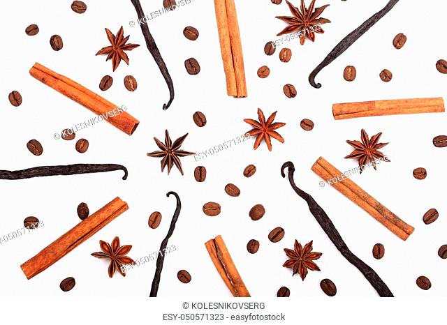Vanilla sticks, cinnamon, coffee beans and star anise isolated on white background. Composition