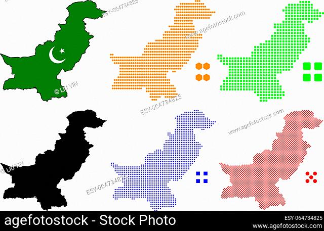 Layered editable vector illustration country map of Pakistan, which contains two versions, colorful country flag version and black silhouette version