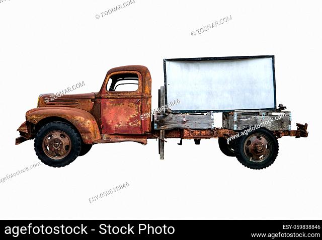 Isolated Rusty Old Vintage Pick-Up Truck With Blank Sign For Your Text