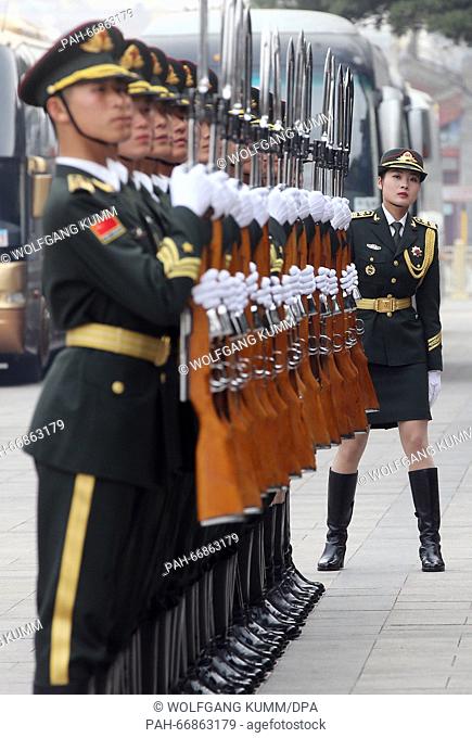 Soldiers of the Chinese army march during a welcome ceremony for German President Joachim Gauck at the Great Hall of the People in Beijing, China, 21 March 2016
