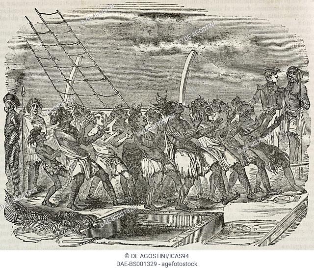 Indigenous people from New Zealand dancing on the deck of the French ship Astrolabe, illustration from Teatro universale, Raccolta enciclopedica e scenografica