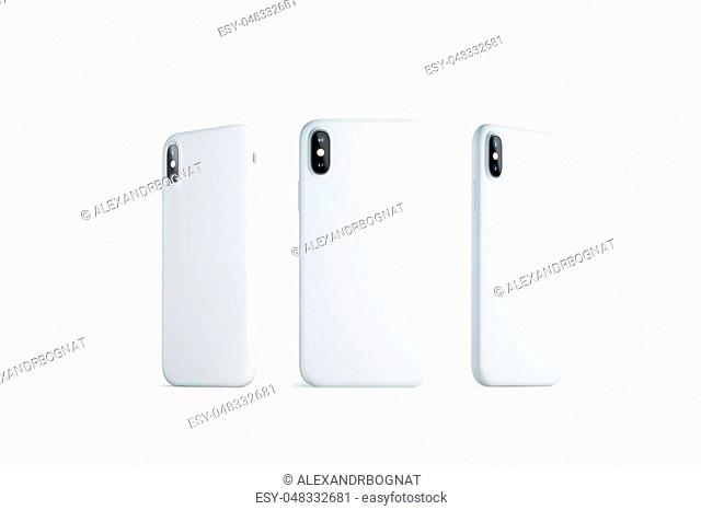 Blank white phone case mock up, stand isolated, 3d rendering. Back, right and left side smartphone cover mockup ready for logo or pattern print presentation