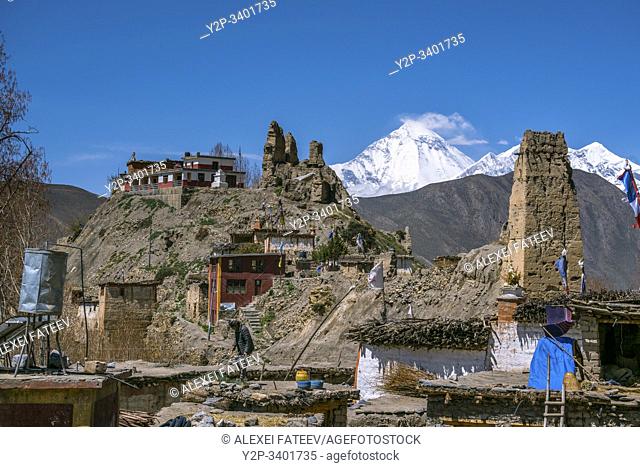 View of Jhong Gompa Buddhist monastery and Dhaulagiri Himal, Mustang district, Nepal