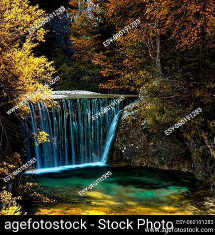 A view of the Pisnica Waterfall near Kranjska Gora in the Julian Alps of Slovenia in late autumn