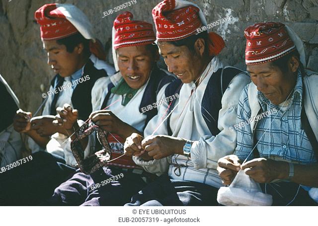 Taquile Island. Line of men knitting