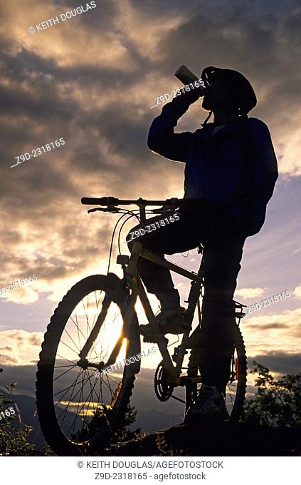Mountain biker taking drink silhouette, Smithers, BC, Canada