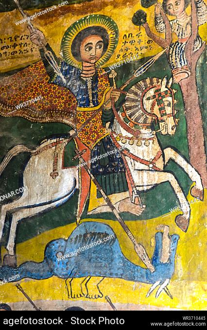 Der Heilige Georg ersticht eine Schlange und rettet Prinzessin Birutawit das Leben, Canvas Gemälde, Kirche Abreha wa Atsbaha, Gheralta Region, Tigray