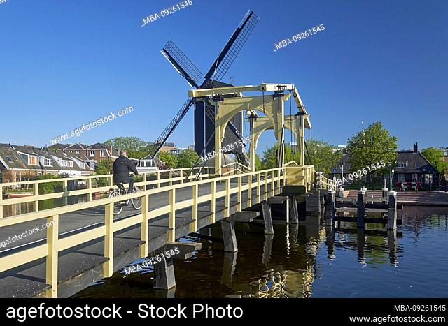 Rembrandt Bridge at Galgewater with Molen de Put in Leiden, South Holland, Netherlands
