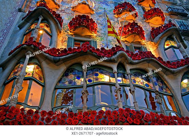 Floral decoration of the Casa Batllo in Sant Jordi 2016, Barcelona, Catalonia, Spain