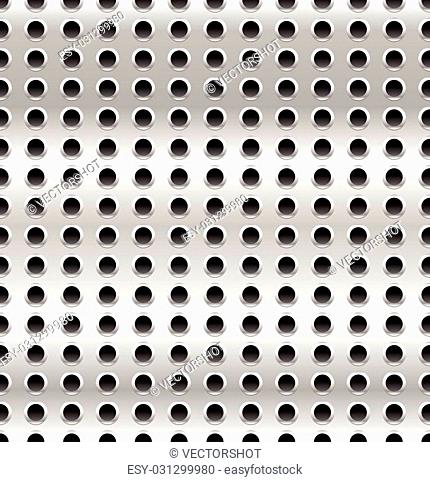 Seamless metal swatch. Perforated metal pattern with black holes. Industrial background
