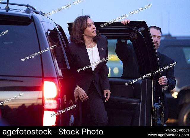 United States Vice President Kamala Harris exits a vehicle at the Columbia Metropolitan Airport in Columbia, South Carolina after addressing the South Carolina...