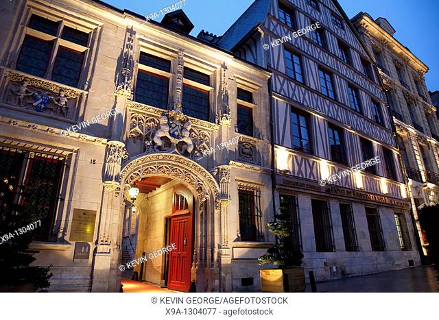 Illuminated Entrance to the Bourgtheroulde Hotel in Rouen, Normandy, France