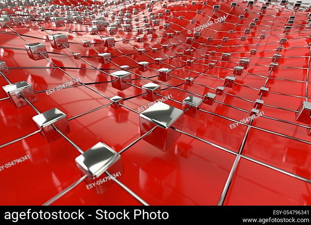 Red wireframe metallic mesh with cubes wave landscape abstract background. Big data 3d render
