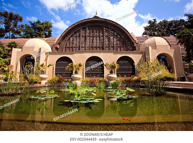 View of the lily pond in front of the Botanical Building in San Diego's Balboa Park